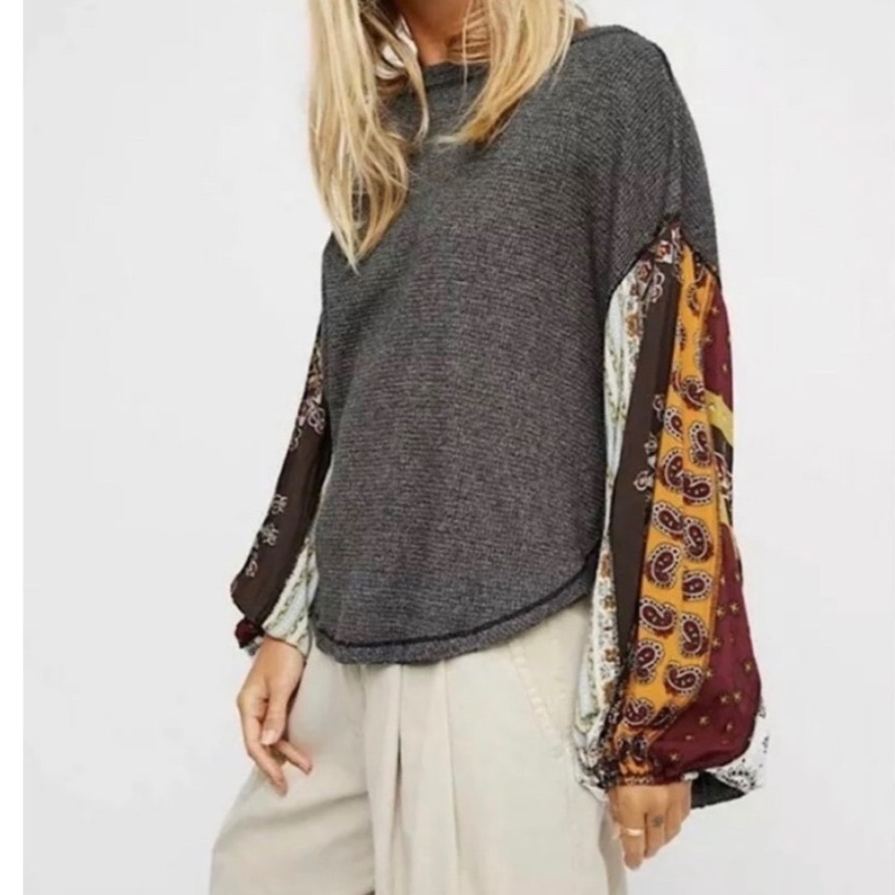 Free People We The Free Blossom Waffle Knit Boho Patchwork Balloon Sleeve Top SM
